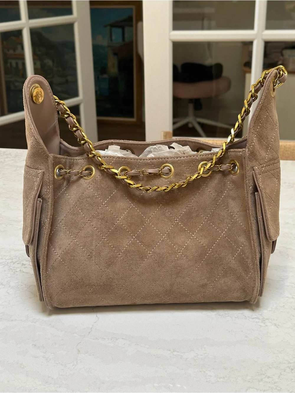 Beige Suede Drawstring Shoulder Bag